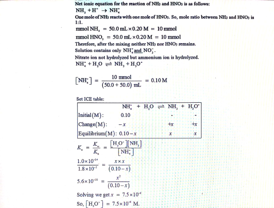 Net ionic equation for the reaction of NH3 and HNO3 is as follows One mole of NHa reacts with one mole of HNO3. So, mole rati