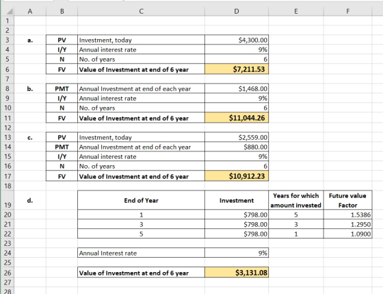 A B D PV $4,300.00 9% 1/Y N FV Investment, today Annual interest rate No. of years Value of Investment at end of 6 year | $7,