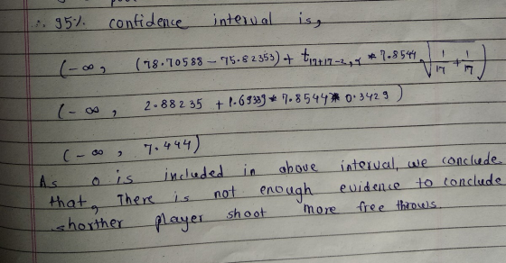 s. 95% confidence interval is, I-00, (78.70588 – 75.82353) + t21717-297 * 7.8544 C os , 2.882 35 + 1.69389 7. 85444 0.3429) (
