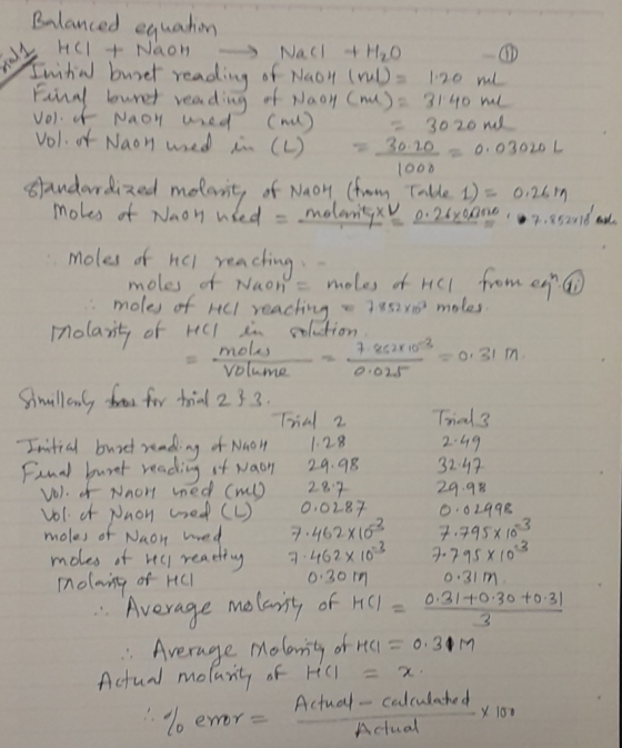 Balanced equation ss HCl + Naon Nall + H₂O Initial bunet reading of Naou (rul) 1.20 ml Final bunet reading of Naon (mu)= 3140