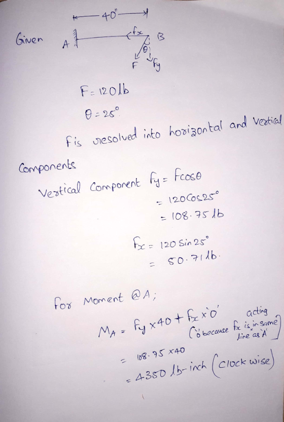 40 Giver at 3 F = 12016 0 = 25° fis resolved into horizontal and vertical Components Vertical component fy = fcoso = 12000525