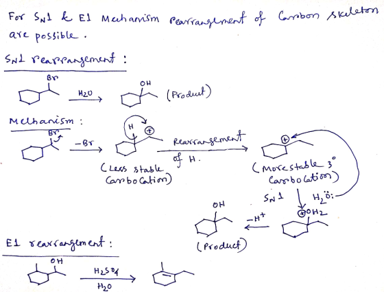 For SN E Mchamism Pearranenent of Cmbon Aotm are possible S reareangement करं OH (Produt) H20 Mcuhanism BY Reaxcangement H. M