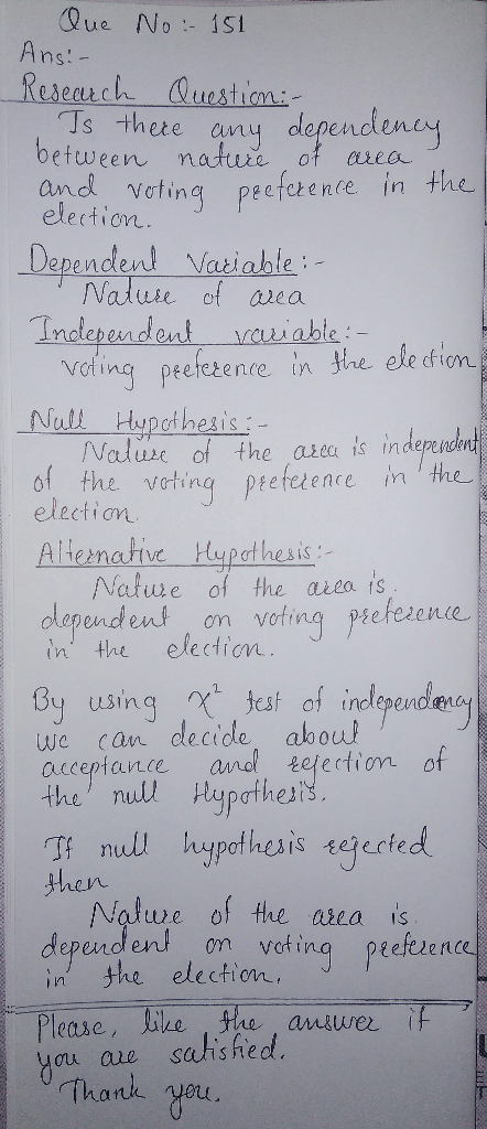 Que No- 1si Ans:- Research Question:- Ts there any dependeney between natue of and voting peefeence in the Clea election Depe