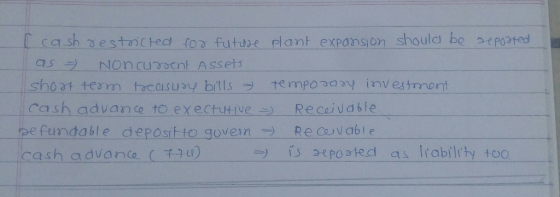 I cash restricted for future plant expansion should be reported as - Noncurrent Assets short term treasury bills temporary in