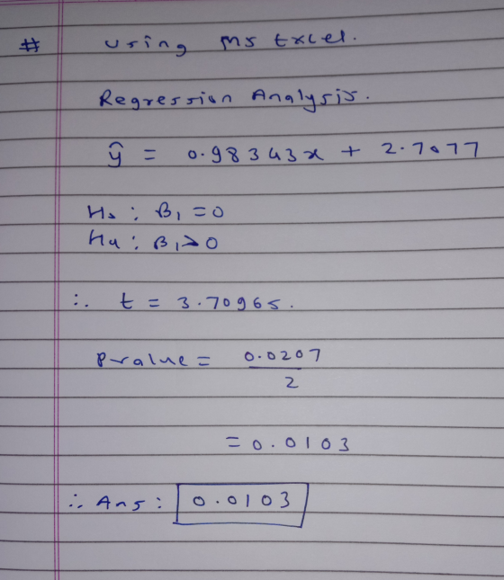 using ms txcel. Regression Analysis. - 0.98 3 a 3 at 2.7077 Ho : B, zo Hu: Bito :. t = 3.70gos. Pralue= 0.0207 2 -0.0103 i. A