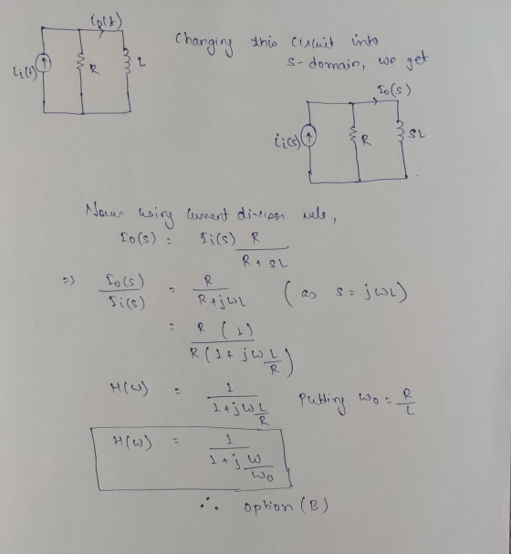 (plt) changing this circuit into s-domain, we get To(s) SL lics) Nawer wing current dirison rule, Io(s) : li(s) R RASL = R lo
