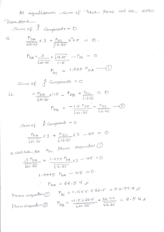 Sum of these forces will be zero At equillibrum There fore Sum of a Components ie FDA x 3 + Foc X 1.5 (20.25 12.45 FDA 3 X X