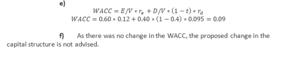 WACC = E/V*r. +D/V*(1 – t) * ra WACC = 0.60 * 0.12 +0.40 *(1 -0.4) * 0.095 = 0.09 f) As there was no change in the WACC, the