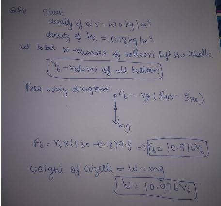 Sahn ginen density of air = 1:30 kg / m3 density of the = 0-18 kg / m3 het total N-number of balloon lift the relle = volume