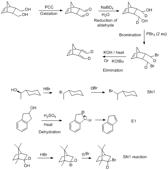 NaBD4 PCC он OH Oxidation H20 HO Reduction of Он aldehyde PBr3 (2 eq) Bromination КОН /heat Bг Or KOtBu Br Elimination ОBr HB