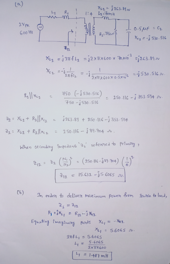 *12263.89u Lq=Tomh 1:4 2 VPK 600 Hz 311 & R2=7500} I 0.5uf = C₂ I Xeq = -} 530.516 Xng =j 27 f L₂ = jQ X TX600 x 70x10 s =