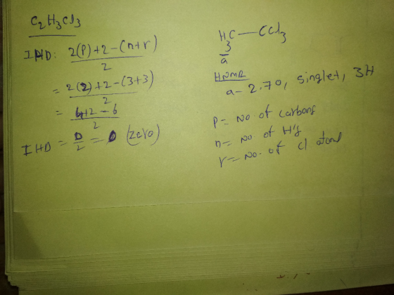 C₂ H₂ Cl3 HC - Calz IND: 2(P) +2 - (nar) HNMR = 2(2) + 2-(3+3) zero) a- 2.70 singlet, 34 P- No of carborg - No of HS - No. o