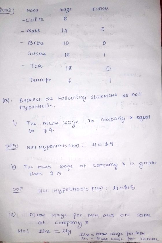 Name -clot re matt -Bruuo wage fermale Io 13 18 TON) hry po tlesis. meanio age at Company eapal to串9 Soloリ e mam oage at Comp ttow.串13 X is greatr S01 Noli Hypothesis tno: |B MLou uage For mau and are same