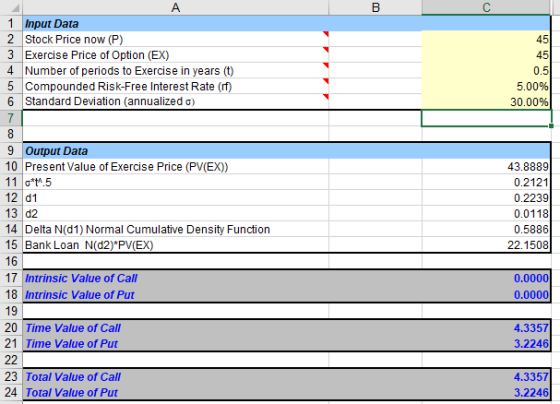 1 Input Data 2 Stock Price now (P) 3 Exercise Price of Option (EX) 4 Number of periods to Exercise in years (t) 5 Compounded