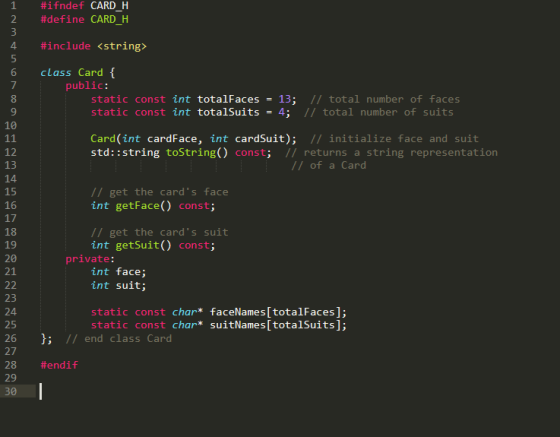 #ifndef CARD_H #define CARD_H #include <string> class Card { public: static const int totalFaces = 13; // total number of fac