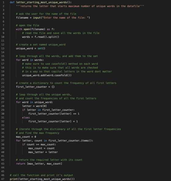 def letter_starting_most_unique_words(): returns the letter that starts maximum number of unique words in the datafile! 0