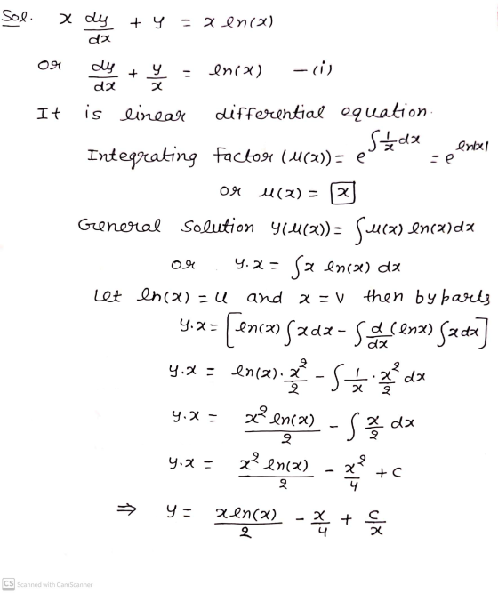 Sol X dy da ty - 2 en (2) 091 dy da - - (1) + y x en(x) - It is linear differential equation Stdx Integrating factor ( 4(x))
