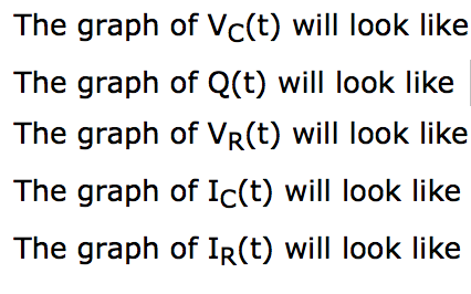 The graph of Vc(t) will look like The graph of Q(t) will look like The graph of VR(t) will look like The graph of Ic(t) will