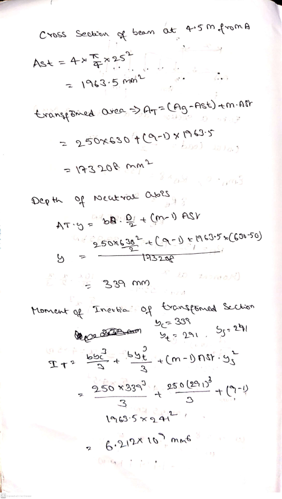 Cross Section 4.5m froma beam at of Ast 4*7*252 = 1963.5 mm2 transfried area ) Aq=(Ag-Ast) Am. As 2 250x630 +69-1 x 1963.55 ا