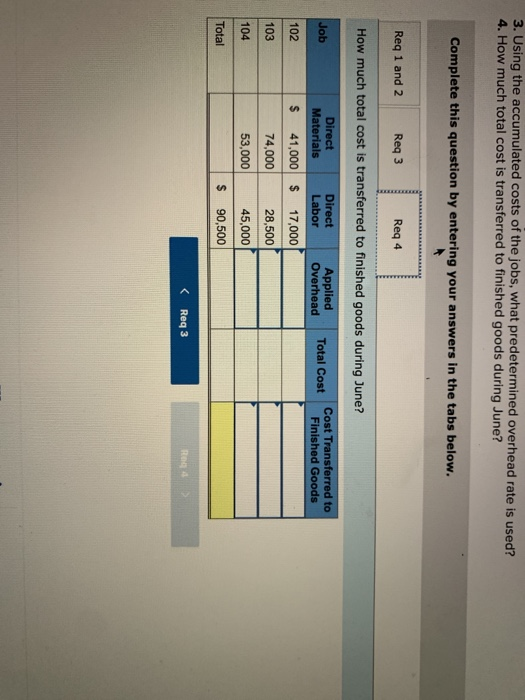 3. Using the accumulated costs of the jobs, what predetermined overhead rate is used? 4. How much total cost is transferred t