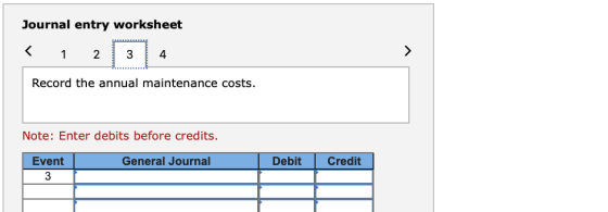Journal entry worksheet < 1 2 3 4 4 > Record the annual maintenance costs. Note: Enter debits before credits. General Journal