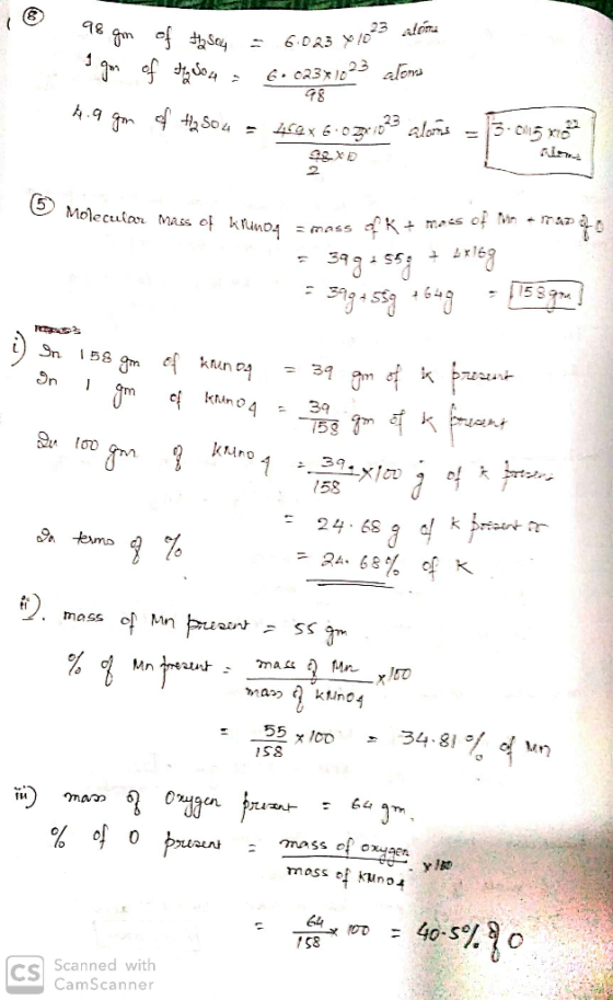 98 6DR31aléms 6.c23I3alom 98 4ax6.0 alons 2 Molecular Mass of klino4 Kmas of Mn - man mass Sn 58 = 34 Knino4 39 3.9x100 158 r