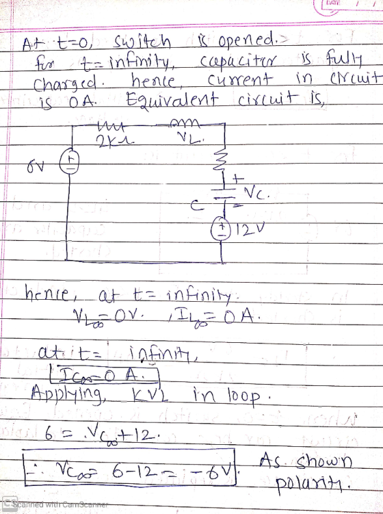 At to switch is opened for t= infinity, capacitor Charged. hence, current is o A Equivalent circuit a is fully in crcuit is,
