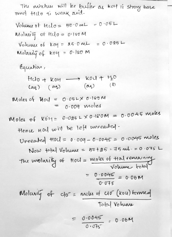 Th minchu will be buffer au kot i Story base mel ttlo i weak aud Vohume ot tlo = 50 0 mL -0.05L Molau of elo 0-1s0 M Vohmu of