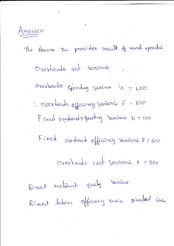 Answer . . The Abrams Inc provides result of morch operation Overheads cost variance 2 overheads spending varicica il = 400 -