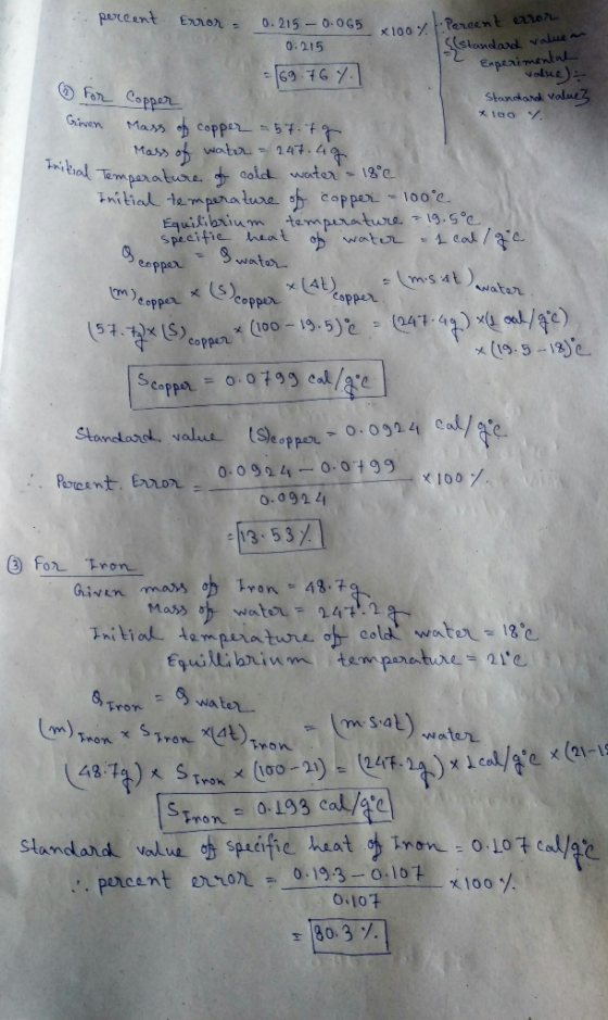 (standard value Experimental percent Error = 0.215 0.065 noy. Percent en 0.215 = 69.764) value) : ② For Copper Standard value
