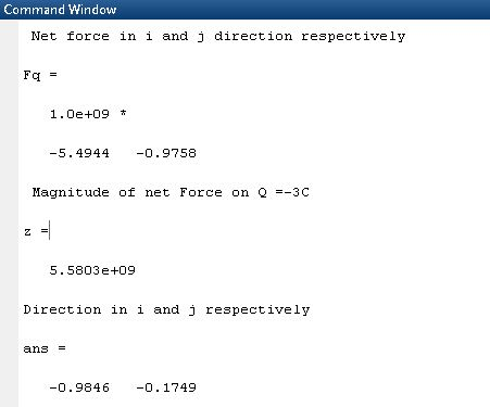 Command Window Net force in i and j direction respectively Fa = 1.0e+09+ -5.4944 -0.9758 Magnitude of net Force on Q =-3C 5.5
