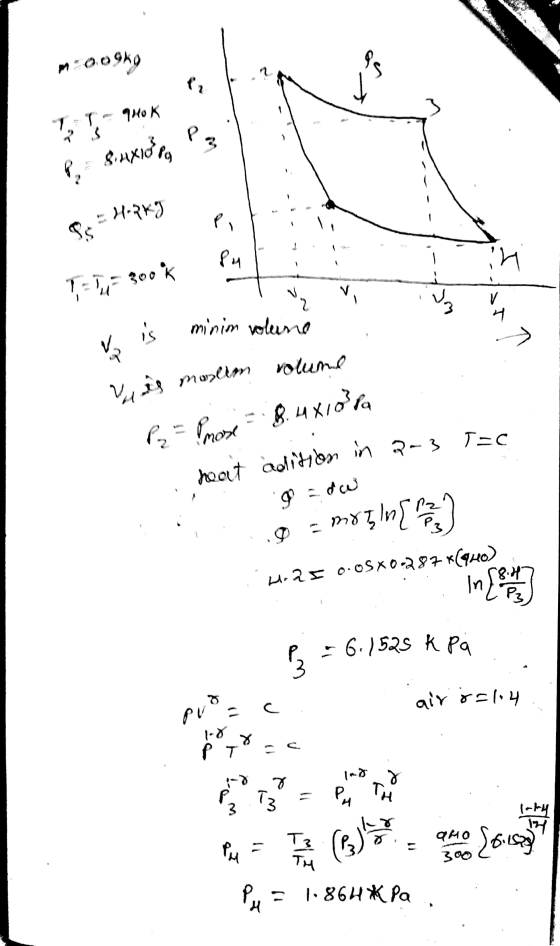 Is = H.PKG heat addition in 2-3 T=0 0,09kg as pl T 1. quo K PE P &nxiora رم 84 in T-7= 300* vi 2 v w 4 is minim volune da vol