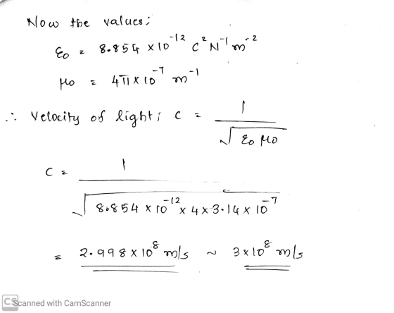 Now the values ; Co z 80854 8 10 12 c²N1 m² Mo = 4T1 x 107 mi .: Velocity of lights can N to Mo -12 1 80854 X10 X 4*-3.14 x 1