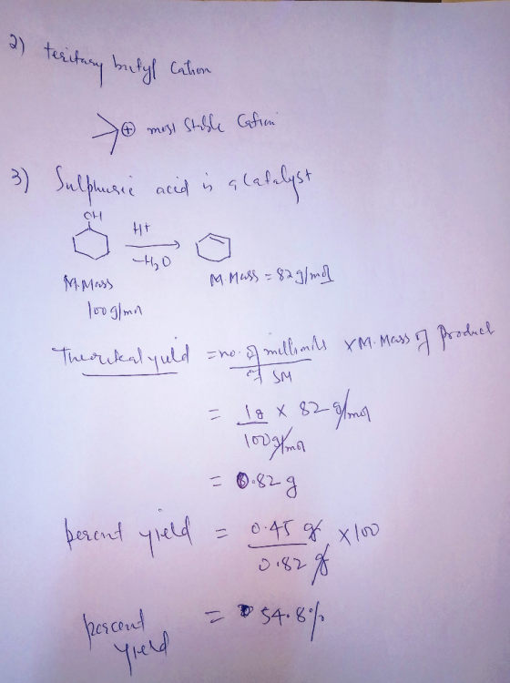 2) teritary befyl Cation Se mast Stable Gation 3) Sulpingec acid in a labelyst OH HO M. MESS looglma M. Mass = 82g/mol Theont