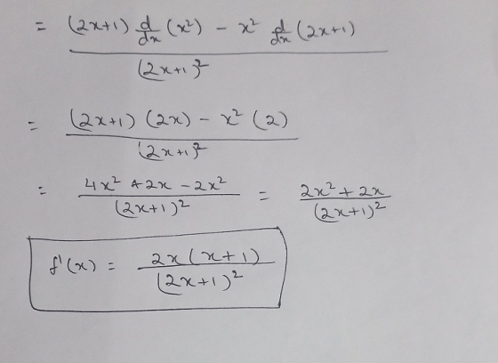 = (2x+1) a (x²) - x h (2x+1) (2x+32 11 (2x+1) (2x) - x² (2) 2x 4 x² 420 – 2x² (2x+1)2 2x² +22 (2x+12 f(x) = an(n+1) (2x+1)2