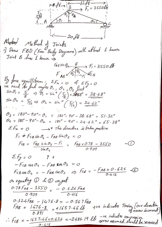 softi 12ft F = 3ssolo 03 08 A 30 Body Diagrams) with attest I knows B 20ft Metod Method of Joints i} Draw FBD (Free Joint B h