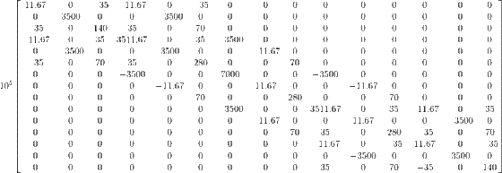 10^5\begin{bmatrix} 11.67& 0& -35& -11.67& 0& -35& 0& 0& 0& 0& 0& 0& 0& 0& 0\\ 0& 3500& 0& 0& -3500& 0& 0& 0& 0& 0& 0& 0& 0& 0& 0\\ -35& 0& 140& 35& 0& 70& 0& 0& 0& 0& 0& 0& 0& 0& 0\\ -11.67& 0& 35& 3511.67& 0& 35& -3500& 0& 0& 0& 0& 0& 0& 0& 0\\ 0& -3500& 0& 0& 3500& 0& 0& -11.67& 0& 0& 0& 0& 0& 0& 0\\ -35& 0& 70& 35& 0& 280& 0& 0& 70& 0& 0& 0& 0& 0& 0\\ 0& 0& 0& -3500& 0& 0& 7000& 0& 0& -3500& 0& 0& 0& 0& 0\\ 0& 0& 0& 0& -11.67& 0& 0& 11.67& 0& 0& -11.67& 0& 0& 0& 0\\ 0& 0& 0& 0& 0& 70& 0& 0& 280& 0& 0& 70& 0& 0& 0\\ 0& 0& 0& 0& 0& 0& -3500& 0& 0& 3511.67& 0& 35& -11.67& 0& 35\\ 0& 0& 0& 0& 0& 0& 0& -11.67& 0& 0& 11.67& 0& 0& -3500& 0\\ 0& 0& 0& 0& 0& 0& 0& 0& 70& 35& 0& 280& -35& 0& 70\\ 0& 0& 0& 0& 0& 0& 0& 0& 0& -11.67& 0& -35& 11.67& 0& -35\\ 0& 0& 0& 0& 0& 0& 0& 0& 0& 0& -3500& 0& 0& 3500& 0\\ 0& 0& 0& 0& 0& 0& 0& 0& 0& 35& 0& 70& -35& 0& 140\\ \end{bmatrix}