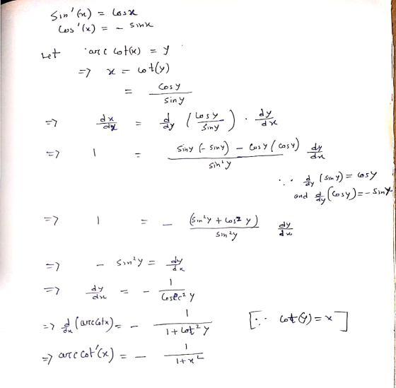 Sin frx) Cos(x) Lose Let cot(y) =7 Cos y %3D Sin y dy Siny Siny G simy) - Cos y ( cosy) dy siny ( siny) = (6sy ond (osy)=-