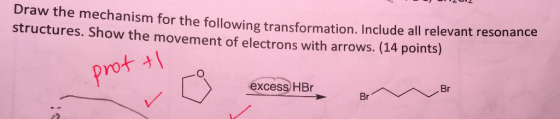 Draw the mechanism for the following transformation. Include all relevant resonance structures. Show the movement of electron