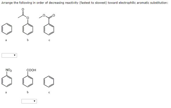 Arrange the following in order of decreasing reactivity (fastest to slowest) toward electrophilic aromatic substitution: COOH