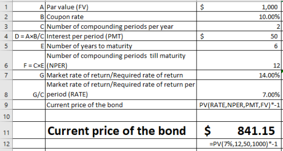 A Par value (FV BlCoupon rate ClNumber of compounding periods per vear 1,000 10.00% 2 4 D AxB/C Interest per period (PMT 50 E