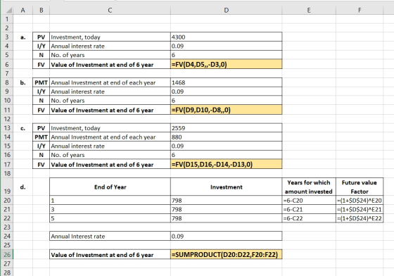 A B wN- 4300 0.09 PV Investment, today 1/4 Annual interest rate N No. of years FV Value of Investment at end of 6 year =FV(D4