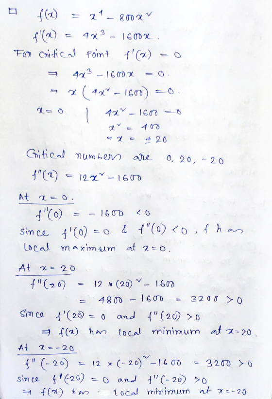 1600 x f (2) 21 _ 8002 f() 473 For critical Point Point f(2) 473-1600 x (2x - 1600) -0. 4x - 16000 2v + 20 Critical number