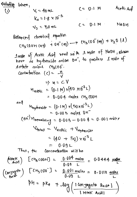 Solufior biven, V = 40mL Cool M Acetic Acid Ka = 1.8 x105 V2 = 50mL Ca D.IM Noor H2014) - hero V Balanced chemical equation C