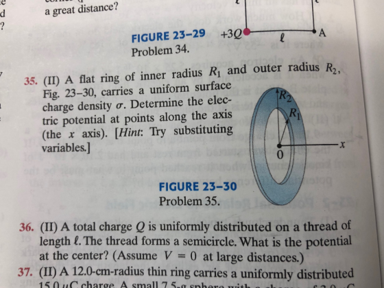 a great distance? FIGURE 23-29 Problem 34 +3Q 35. (II) A flat ring of inner radius Ri and outer radius R2 Fig. 23-30, carries