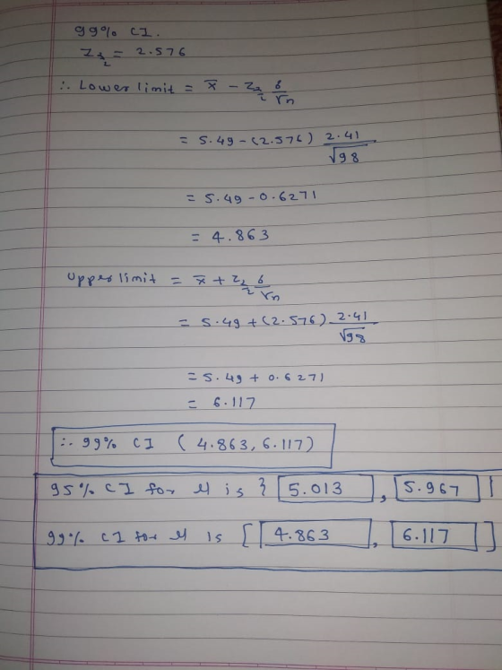 99% C1 Z z = 2.576 : Lower limit=8 = 5.49 12.576) 2.41 Jg 8 5.490.6271 = 4.863 upper limit = x + - Vn = 5.49+(2.576) 2.41 V8