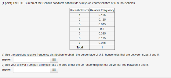 1 point) The U.S. Bureau of the Census conducts nationwide sureys on characteristics of U.S. households. Household size Relative Frequency 0.125 0.125 0.075 0.2 0.325 0.125 0.025 4 6 7 Total a) Use the previous relative frequency distribution to obtain the percentage of U.S. households that are between sizes 3 and 5. answer. b) Use your answer from part a) to estimate the area under the corresponding normlvethat lies between 3 and 5 answer.