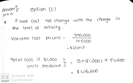 Answer; option (C). =1= À Fixed cost not change with the change in the level of activity 350,000 Variable cost per unit = - 1