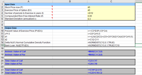 B 45 A 1 Input Data 2 Stock Price now (P) 3 Exercise Price of Option (EX) 4 Number of periods to Exercise in years (t) 5 Comp