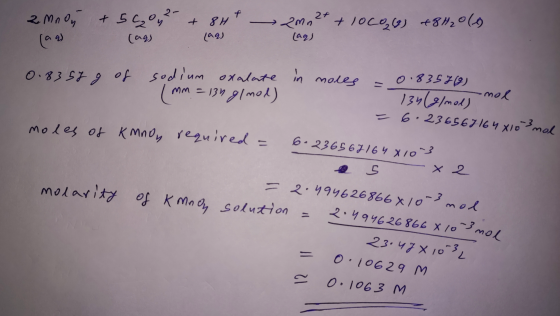 2m non + 500 y ² + 8Ht2mn2+ + locog) +8H₂0 (1) [an cags (aq) (aq) mol sodium 0.83 57 g of oxalate in moles - 0.835569) ( mm =